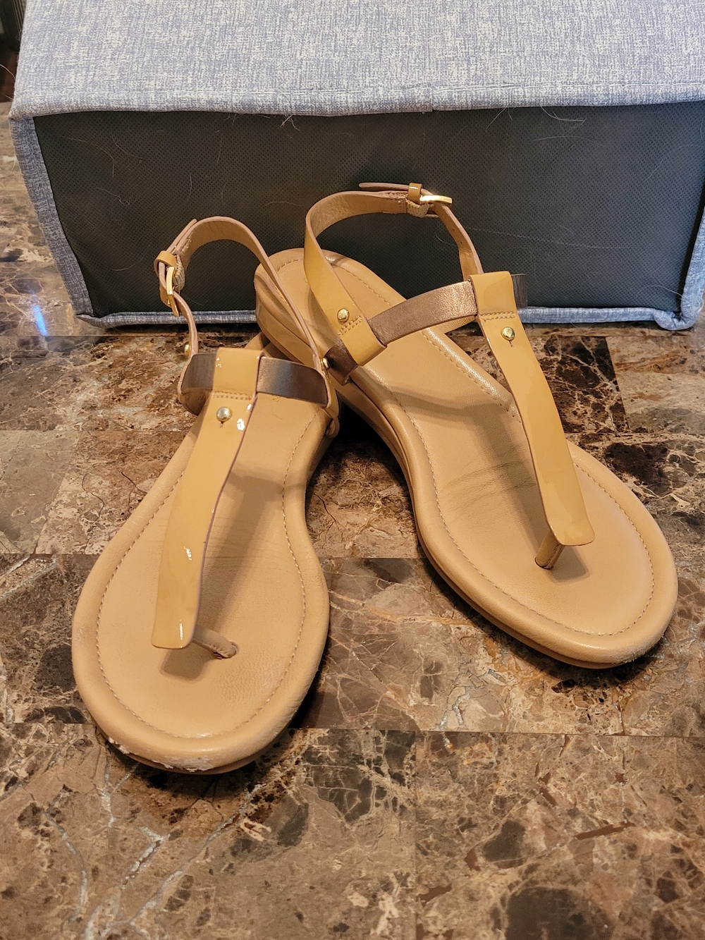 Cole Haan Tan Patent T-Strap Slingback Sandals